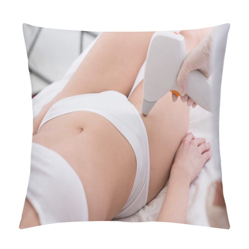 Personality  Cropped Shot Of Woman Receiving Laser Hair Removal Procedure On Thigh In Salon Pillow Covers