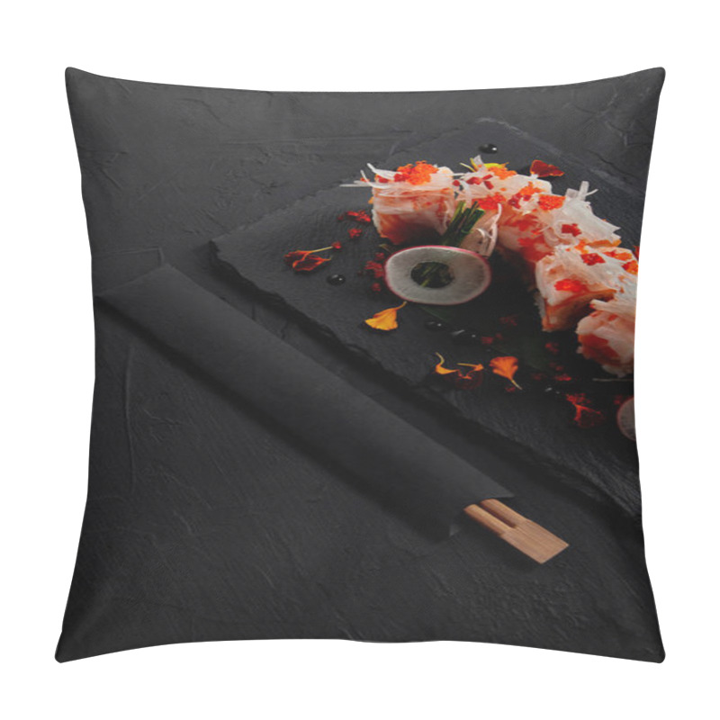 Personality  Gourmet Roll In Mamenori With Shrimp, Salmon And Avocado On Slate Board And Chopsticks  Pillow Covers