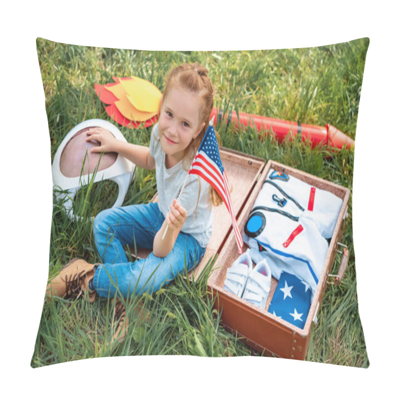 Personality  Smiling Kid With American Flagpole In Hand Sitting Near Suitcase With Astronaut Costume And Rocket On Green Grass Pillow Covers