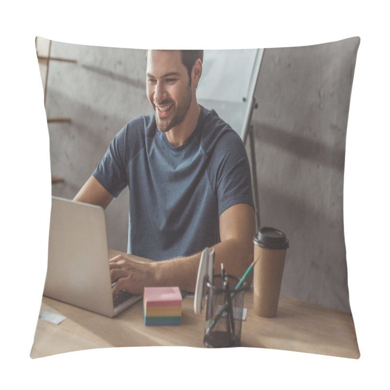 Personality  Selective Focus Of Smiling Ux Developer Using Laptop By Layouts On Table Pillow Covers