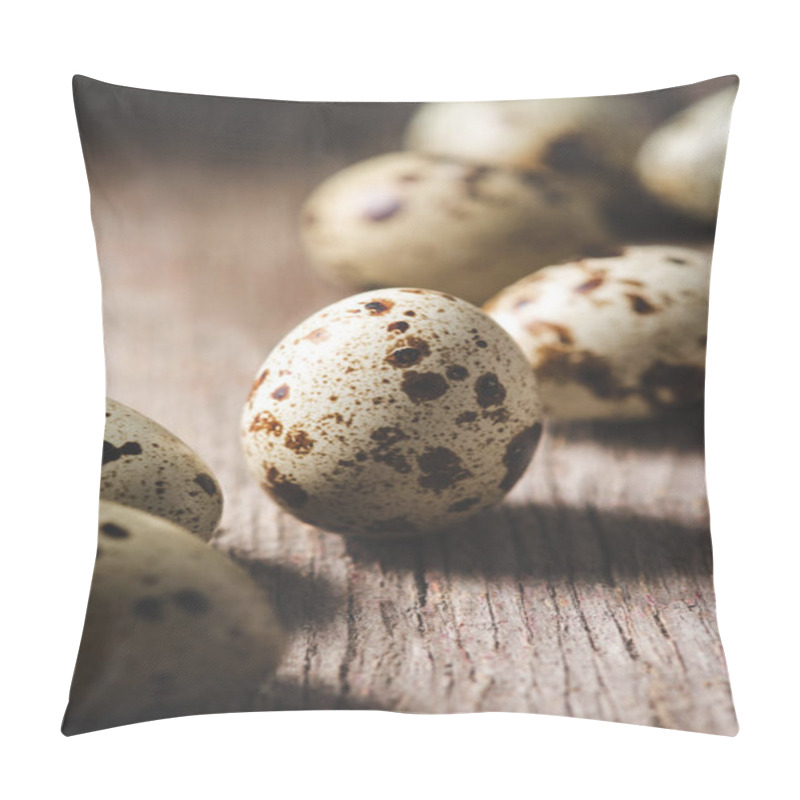 Personality  Close-up View Of Fresh Organic Quail Eggs On Wooden Table  Pillow Covers