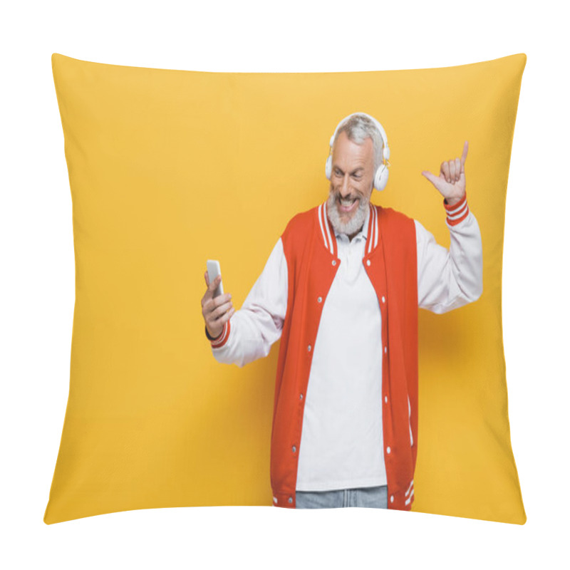 Personality  Positive Middle Aged Man In Headphones Taking Selfie While Showing Hang Loose Gesture On Yellow  Pillow Covers