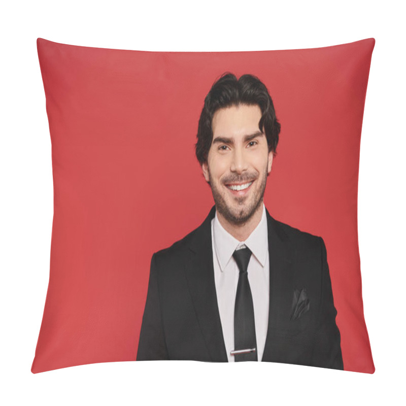 Personality  A Young Man In A Black Suit Smiles Charmingly, Exuding Warmth And Style. Pillow Covers