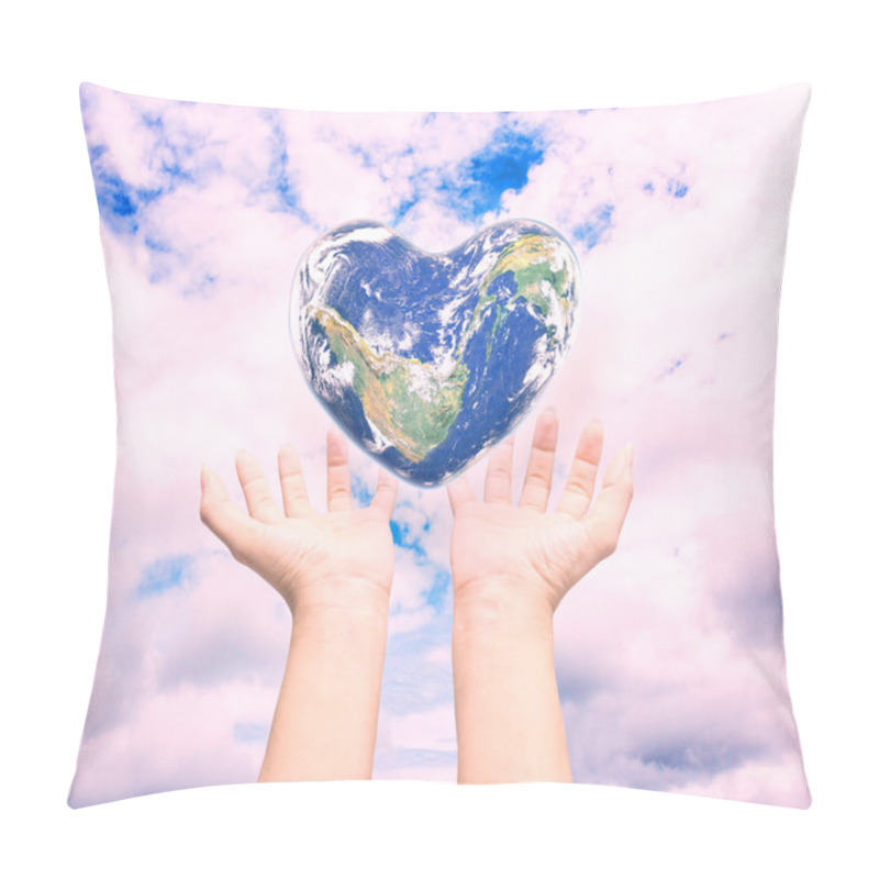 Personality  World In Heart Shape With Over Women Human Hands On Blurred Natu Pillow Covers