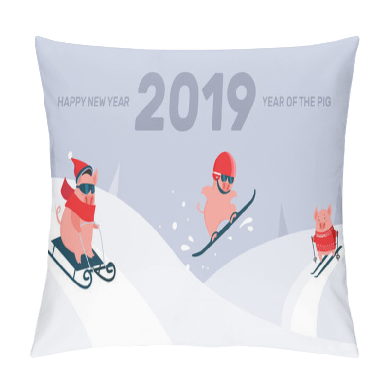 Personality  Funny Cartoon Pigs Sliding ,skiing And Snowboarding On A Winter Snowy Background. Symbol Of The New Year. Excellent For The Design Of Postcards, Posters, Stickers And So On. Pillow Covers