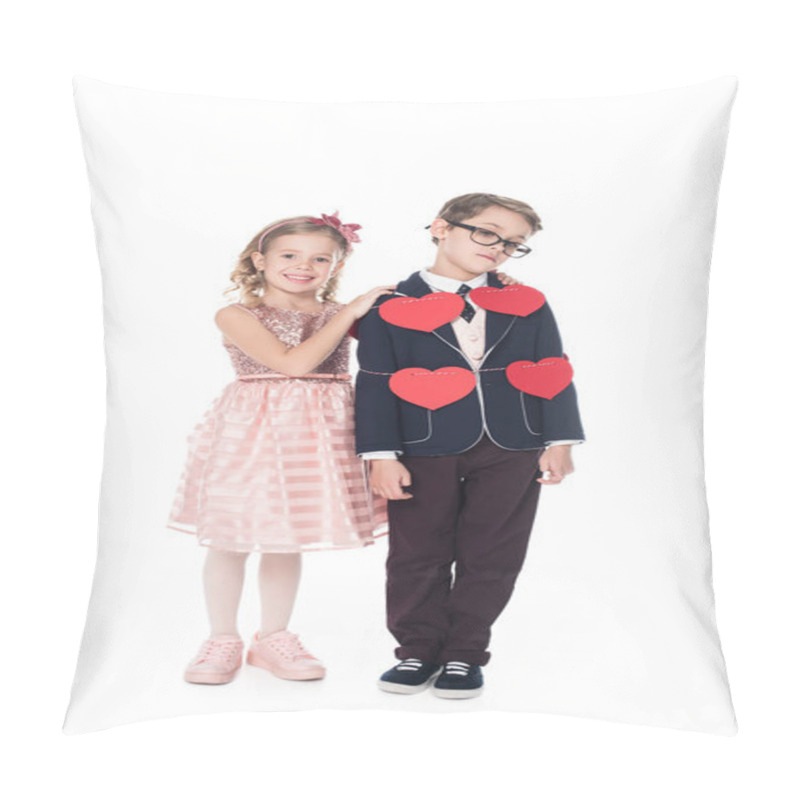 Personality  Happy Little Girl Embracing Upset Boy Tied With Rope And Red Hearts Isolated On White  Pillow Covers