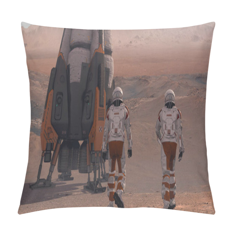 Personality  Astronaut Wearing Space Suit Walking On The Surface Of Mars. Exploring Mission To Mars. Futuristic Colonization And Space Exploration Concept. 3d Rendering Pillow Covers