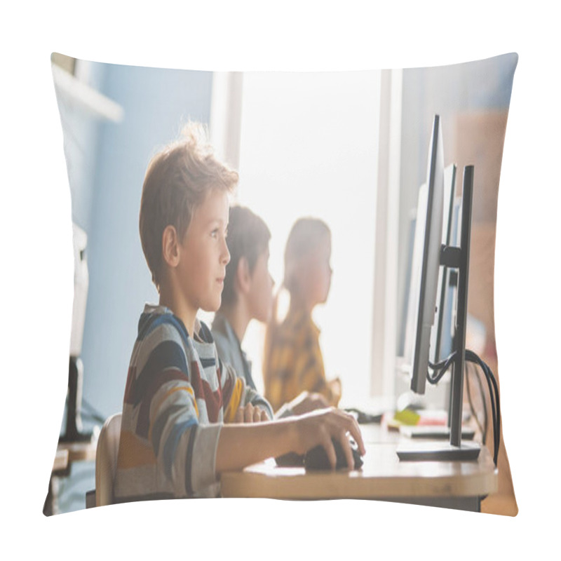 Personality  Elementary School Computer Science Classroom: Smart Little Schoolboy Works On Personal Computers, Learning Programming Language For Software Coding. Schoolchildren Getting Modern Education Pillow Covers