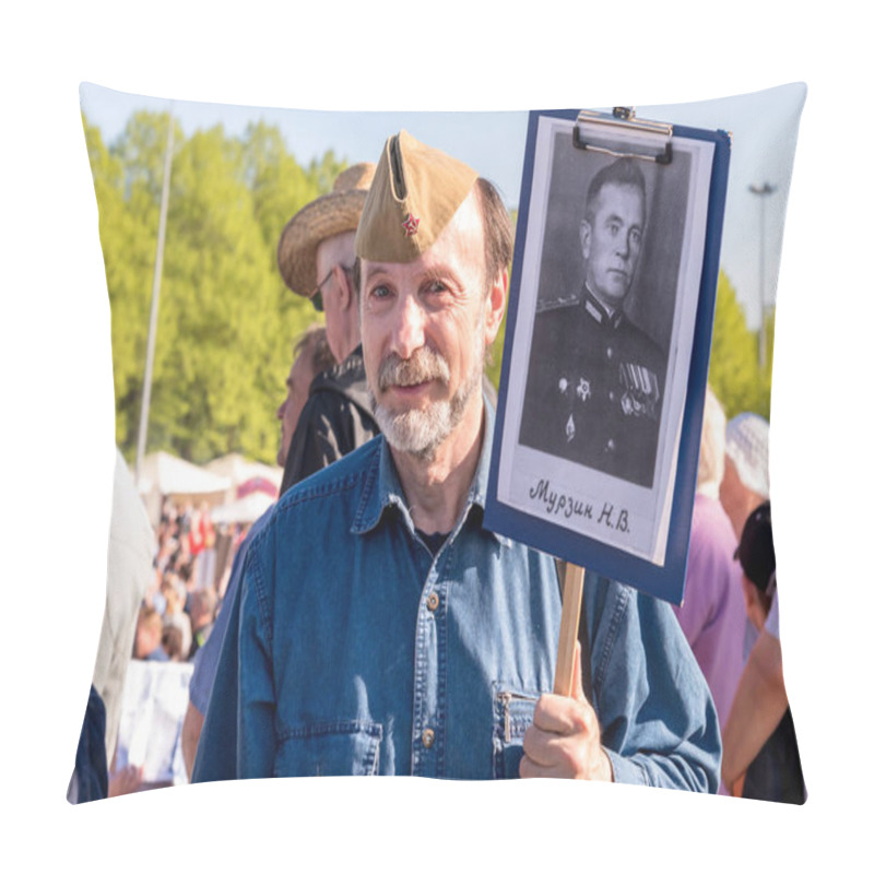 Personality  Riga, Latvia - May 9, 2018: Elderly Bearded Man With A Portrait Of His Relative In Immortal Regiment On Annual Victory Day In The Victory Park Of Riga, Latvia Pillow Covers