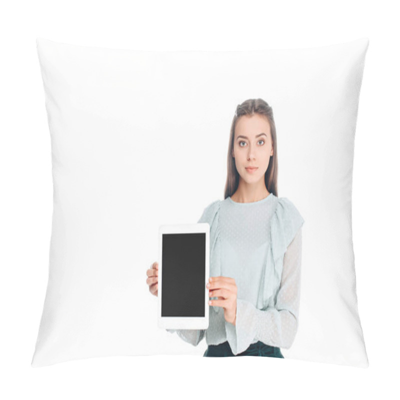 Personality  Portrait Of Woman With Tablet With Blank Screen Isolated On White Pillow Covers