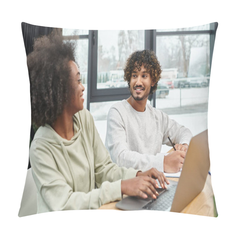 Personality  Multicultural Students Engage In Collaborative Studies At A Table With A Laptop In A Modern Coworking Space. Pillow Covers