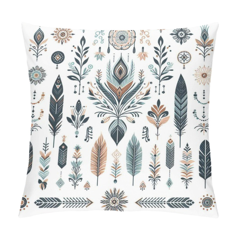 Personality  Decorative Bohemian Artwork Featuring Intricate Floral Designs, Feathers, And Ornamental Patterns On A Light Background Pillow Covers