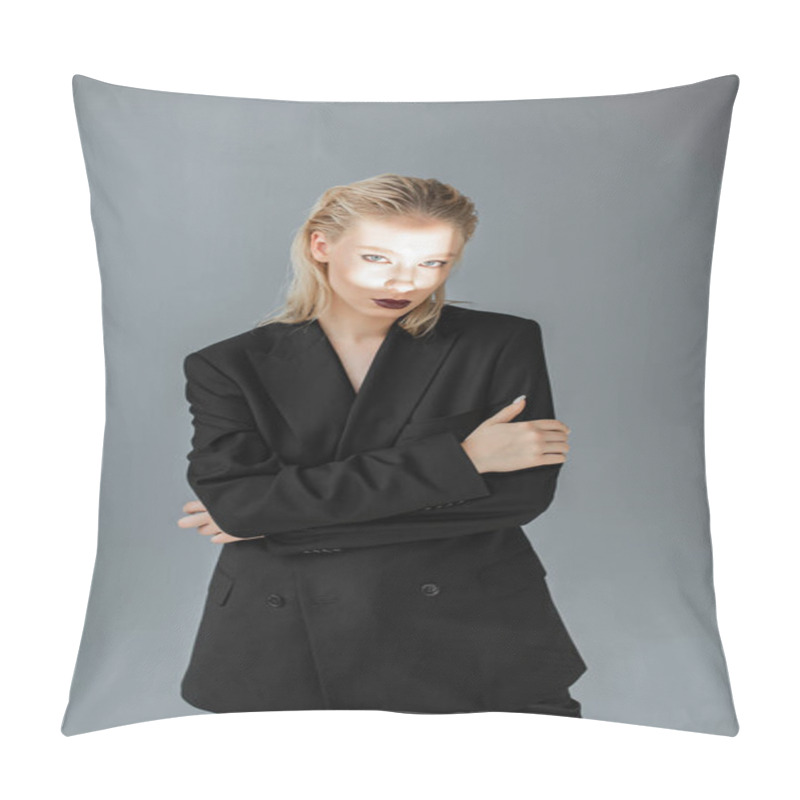 Personality  Attractive Model In Formal Wear With Light Beam On Face Isolated On Grey Pillow Covers