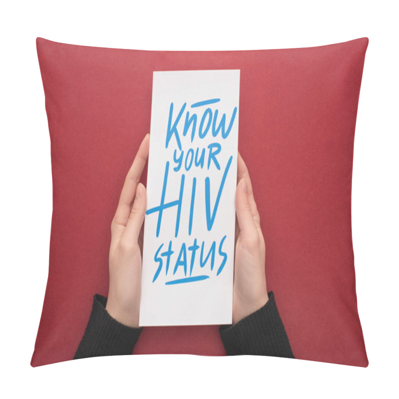 Personality  Cropped View Of Woman Holding Card With Know Your HIV Status Lettering On Red Background Pillow Covers