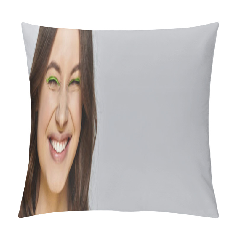 Personality  A Young Woman Flaunts Her Bold Green Eyeshadow And Beauty In A Studio Setting, Banner Pillow Covers