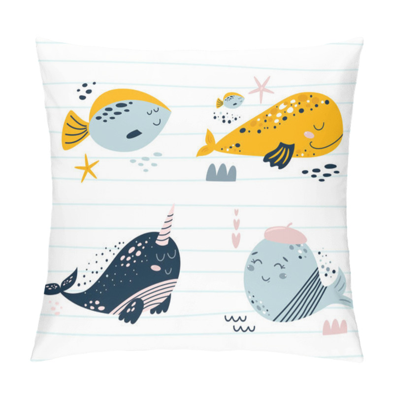 Personality  Cute Sea Animal Character Set. Smiling Whales, Sea Fish, Narwhal. Nautical Animals Illustrations Ocean Print Elements Collection. Baby Nursery Art. Summer Vector For Kids Boys Girls. Under Water Life. Pillow Covers