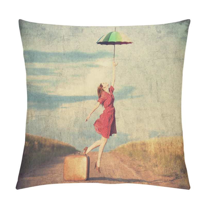 Personality  Redhead Girl With Umbrella And Suitcase At Outdoor Pillow Covers