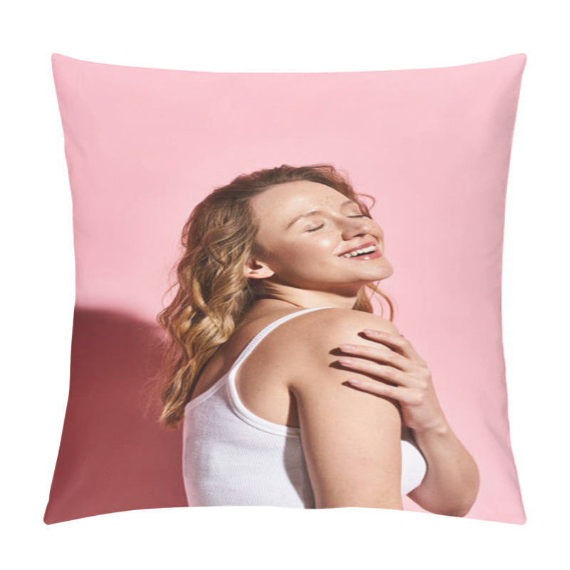 Personality  A Serene Woman With Closed Eyes Standing In Front Of A Vibrant Pink Wall, Exuding Natural Beauty And Inner Calm. Pillow Covers