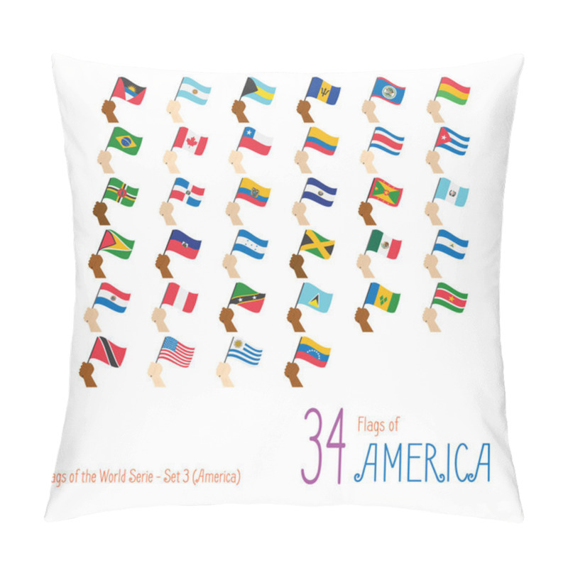 Personality  Set Of 34 Flags Of America. Hand Raising The National Flags Of 34 Countries Of America. Icon Set Vector Illustration. Pillow Covers