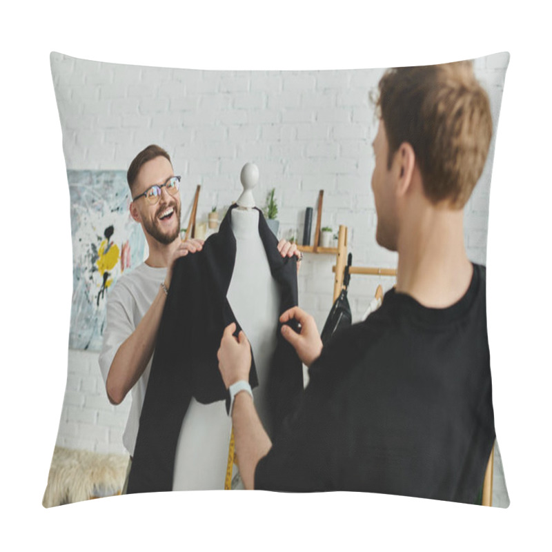 Personality  A Man And Mannequin Hold A Black Shirt, Working In A Designer Workshop. Pillow Covers