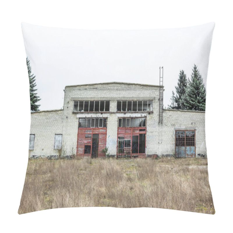 Personality  Abandoned Industry, Old Industrial Factory Wall Of White Bricks With Damaged Door And Windows Pillow Covers