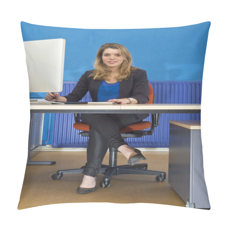 Personality  Young Woman Behind Desk Pillow Covers