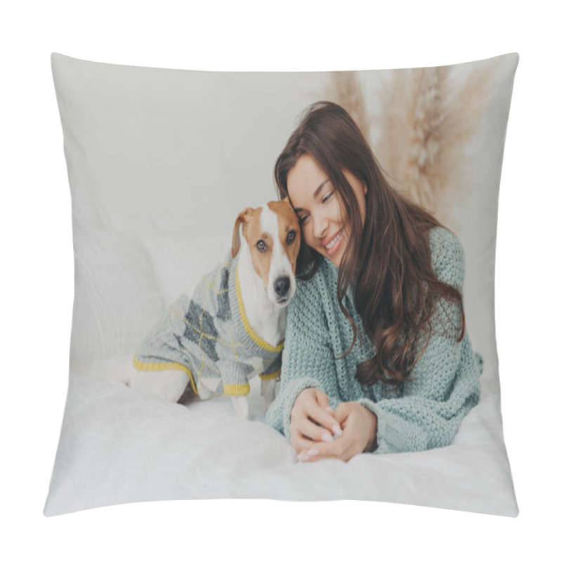 Personality  Photo Of Beautiful Brunette Woman In Knitted Sweater Lies Together Wih Dog On Soft Bed, Enjoys Spending Time With Favorite Pet, Cares About Animals, Stay At Home During Coronavirus Quarantine Pillow Covers