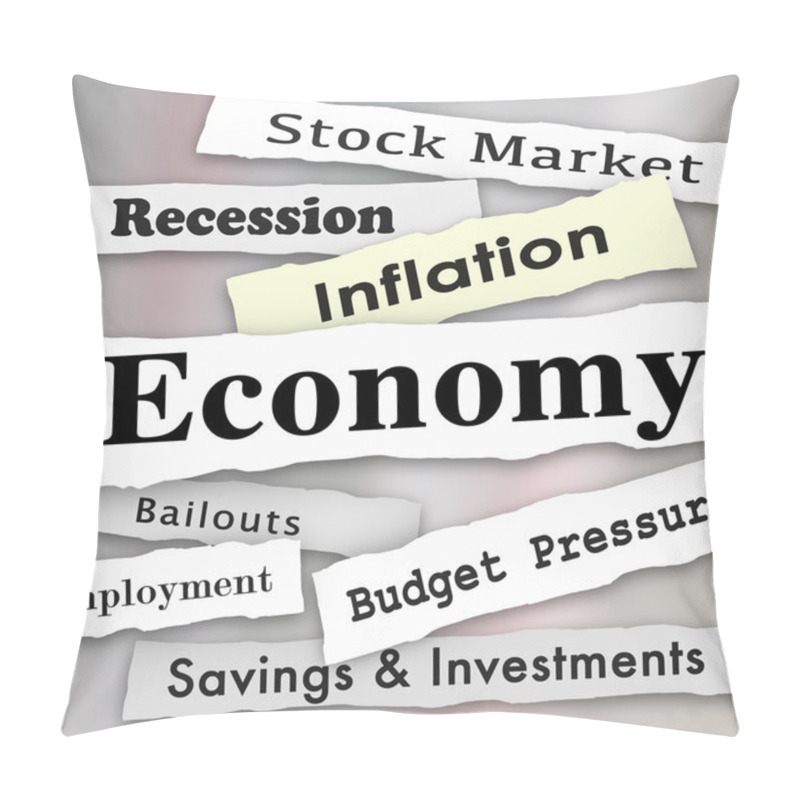 Personality  Economy Headlines With Words Stock Market, Savings, Investment, Financial, Bailout, Recession, Employement Pillow Covers