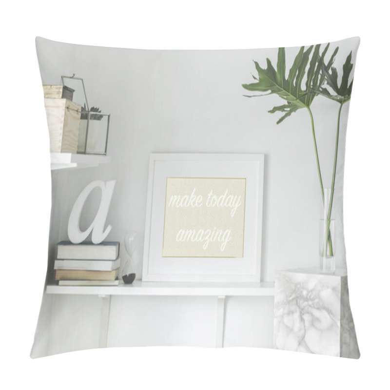 Personality  Bright White Interior Corner With Shelves And Inspirational Phrase In Frame On Wall Pillow Covers