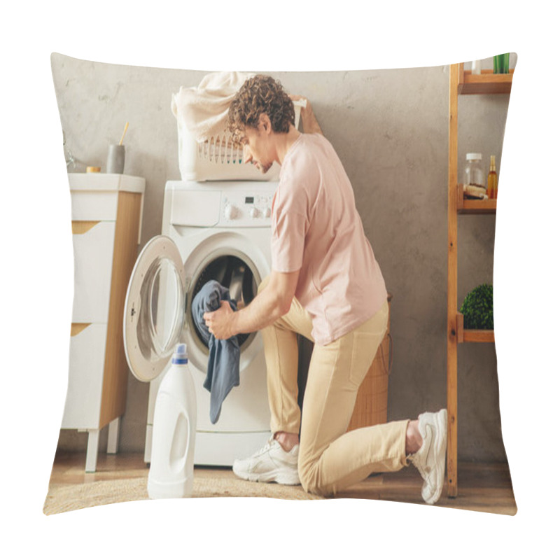 Personality  Man Cheerfully Loads Clothes Into Washing Machine. Pillow Covers