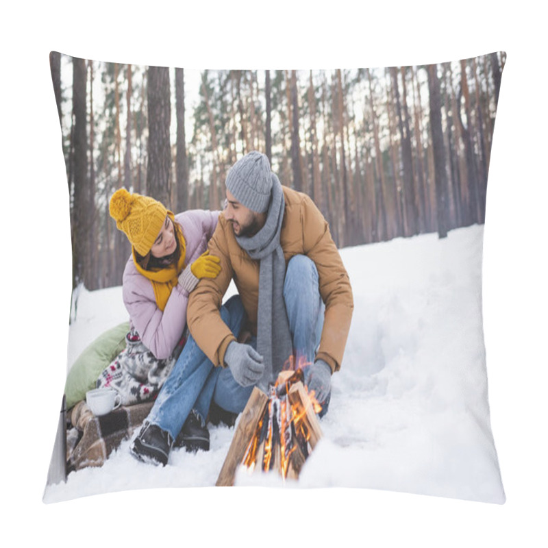 Personality  Smiling Woman Looking At Boyfriend In Gloves Near Bonfire And Cups In Winter Forest  Pillow Covers