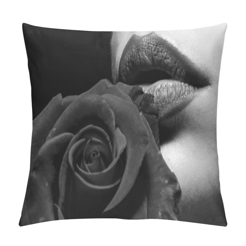 Personality  Lips With Lipstick Closeup. Woman With Red Rose, Macro, On Black Background. Beautiful Woman Lips With Rose. Pillow Covers