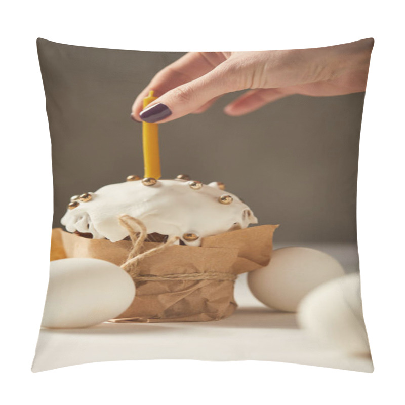 Personality  Cropped View Of Woman Putting Candle On Easter Cake With Sprinkles Pillow Covers