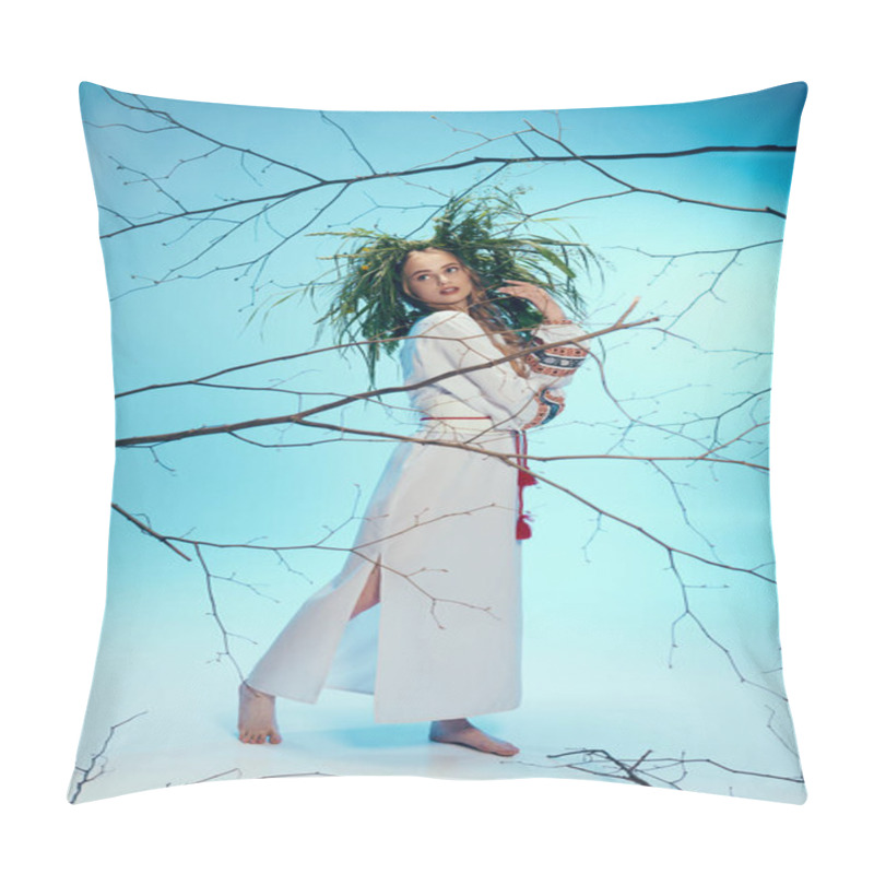 Personality  A Young Mavka In A White Dress Gracefully Holds A Delicate Branch In A Whimsical Studio Setting. Pillow Covers