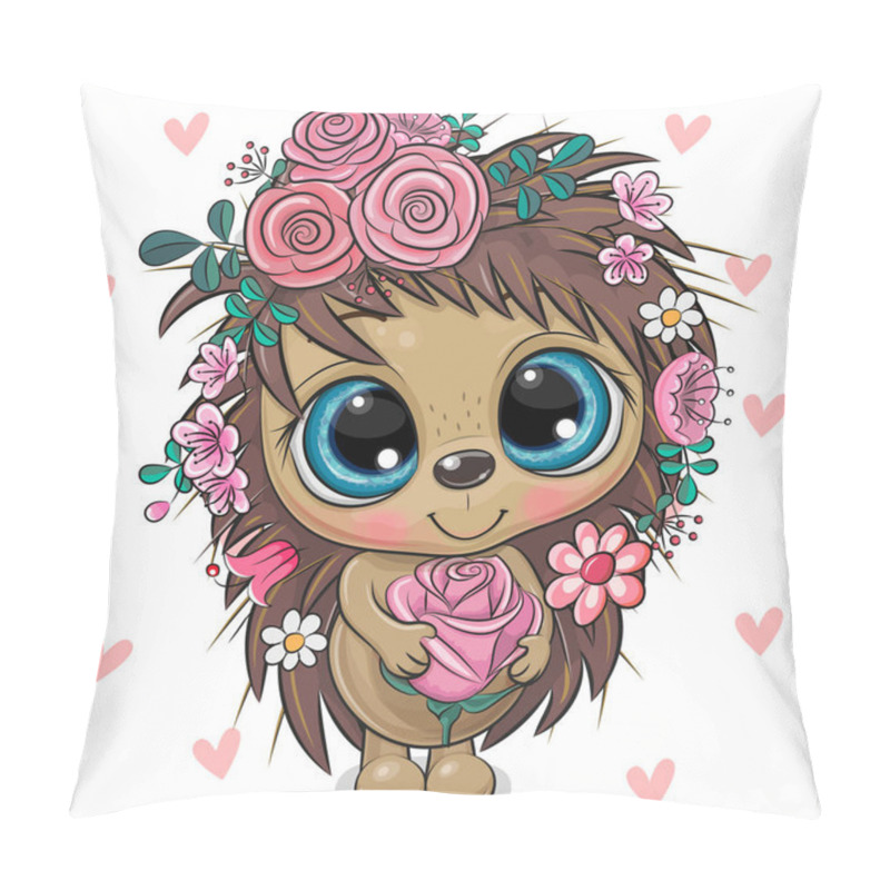 Personality  Cute Cartoon Hedgehog With Flowers On A White Background Pillow Covers