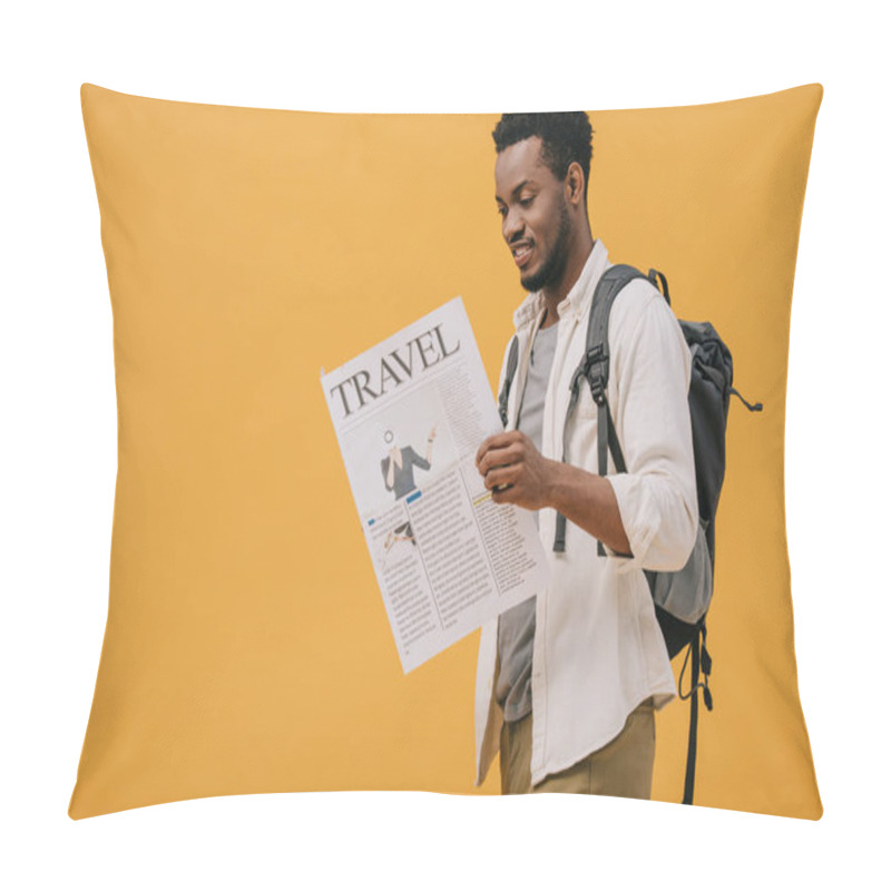 Personality  Cheerful African American Man Standing With Backpack And Reading Travel Newspaper Isolated On Orange Pillow Covers