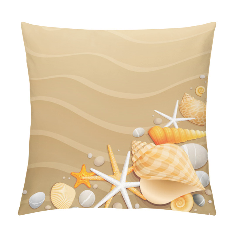 Personality  Shells And Starfishes On Sand Background Pillow Covers