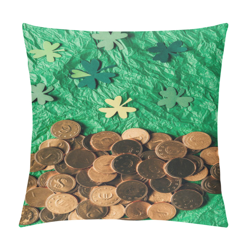 Personality  Top View Of Golden Coins And Paper Shamrock On Green Surface, St Patricks Day Concept Pillow Covers