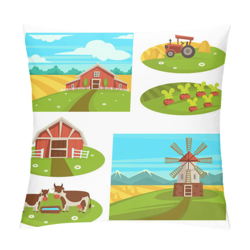 Personality  Farm Household Or Farmer Agriculture. Vector Flat Farmer House And Barn On Harvest Field For Wheat Or Vegetable Garden Farming, Cows Cattle On Pasture Or In Farm Corral And Tractor Pillow Covers