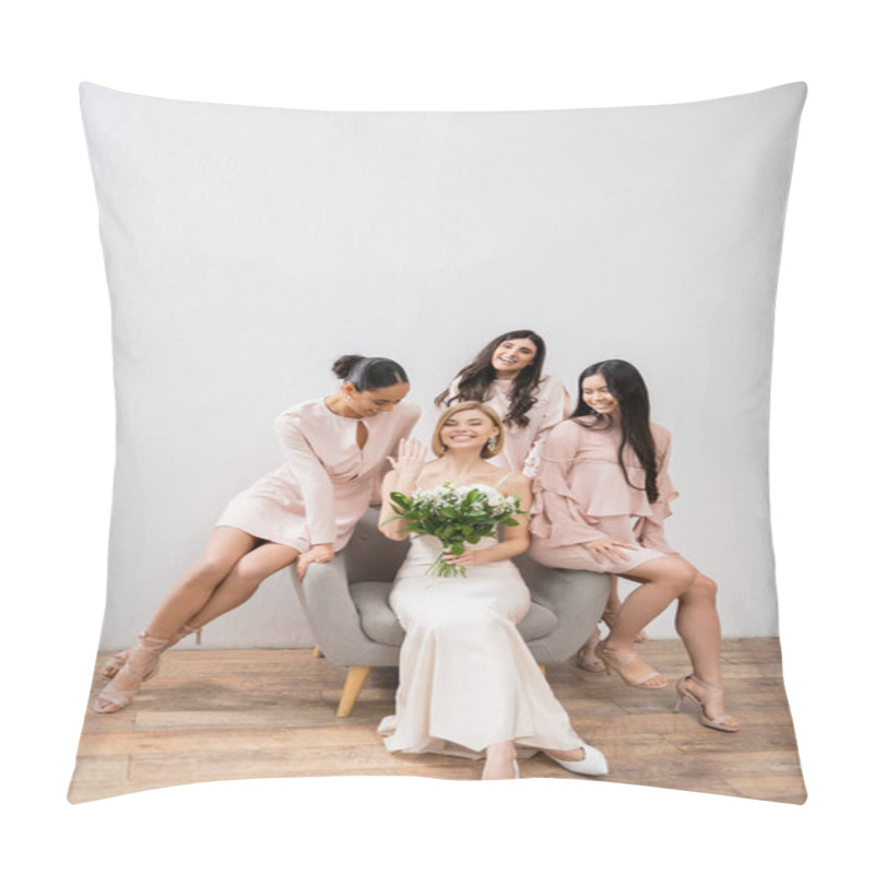 Personality  Wedding Photography, Cultural Diversity, Four Women, Joyful Bride With Bouquet Showing Her Engagement Ring Near Bridesmaids, Wedding Day, Sitting On Armchair, Grey Background, Happiness And Joy  Pillow Covers