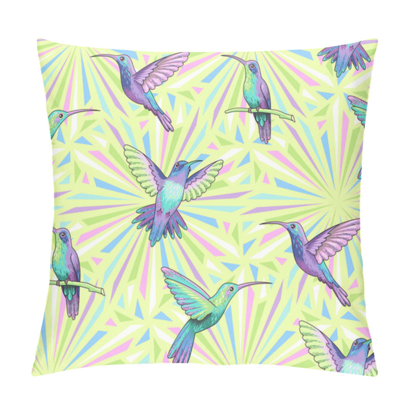 Personality  Flying Hummingbirds On Abstract Geometric Background. Seamless Pattern For Textiles And Desig Pillow Covers