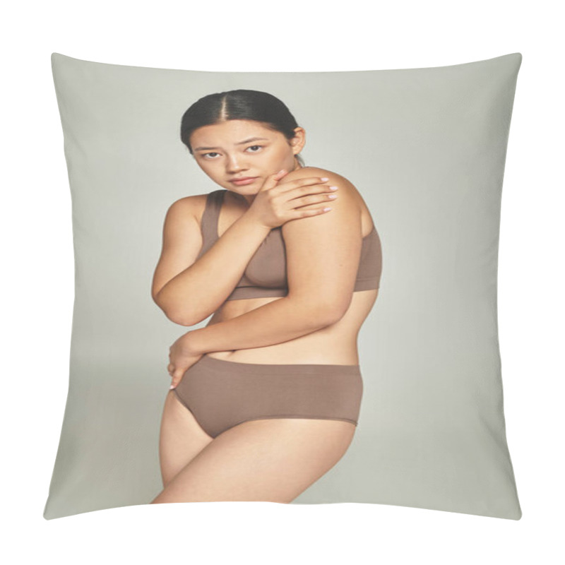 Personality  Young Asian Woman In Underwear Covering Body While Embracing Herself On Grey Backdrop, Body Shaming Pillow Covers