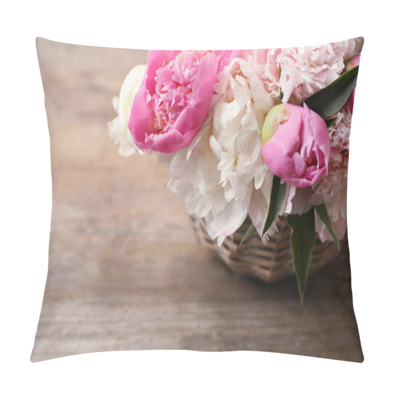 Personality  Beautiful Peony Bouquet In Wicker Basket On Wooden Table, Closeup. Space For Text Pillow Covers