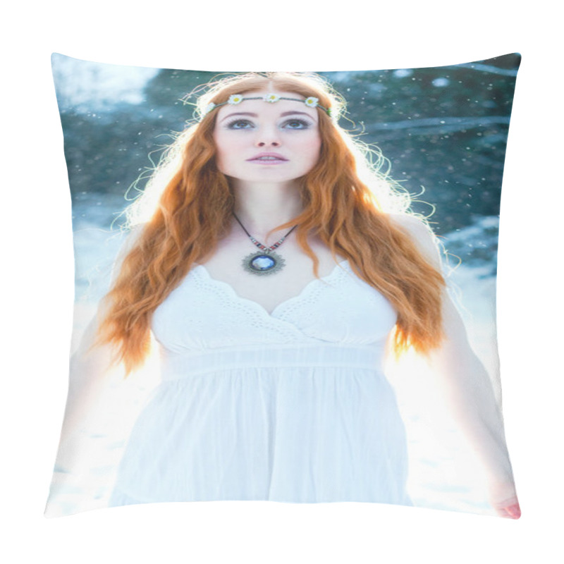 Personality  Snow Maiden. Whimsical Image Of Beautiful Red Head Woman Standing In Snow Looking Angelic Pillow Covers