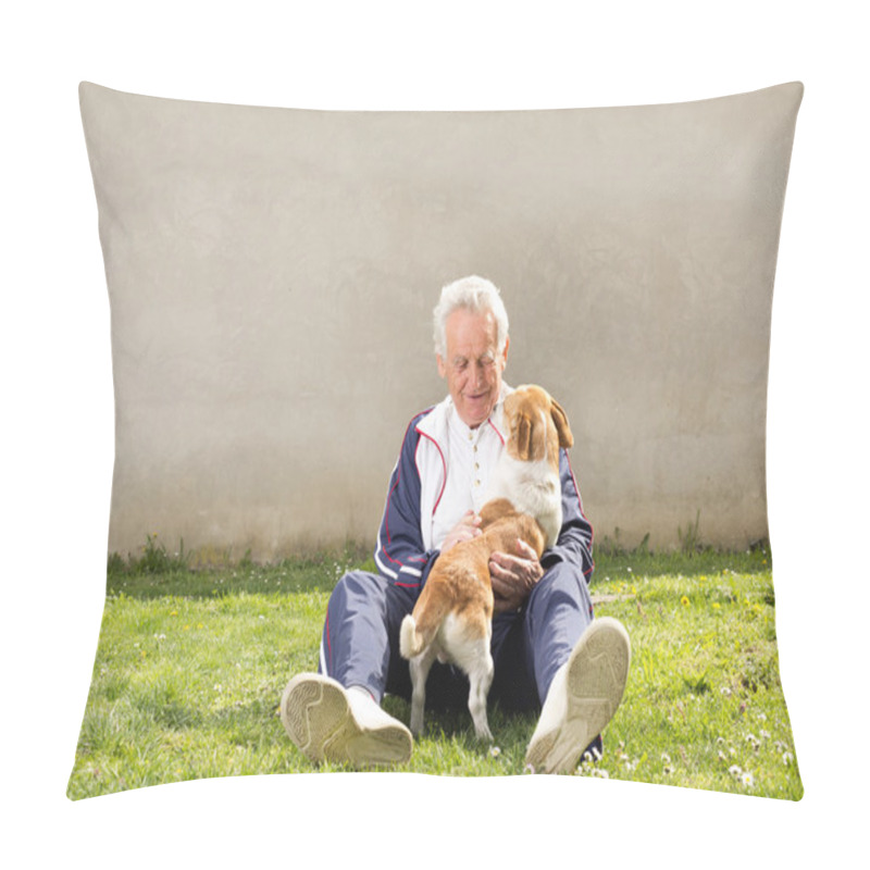 Personality  Man With Dog On Grass Pillow Covers