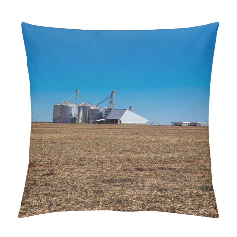 Personality  Silver Silos On Agro Manufacturing Plant For Processing Drying Cleaning And Storage Of Agricultural Products, Flour, Cereals And Grain. Large Iron Barrels Of Grain. Granary Elevator In Brazil Pillow Covers