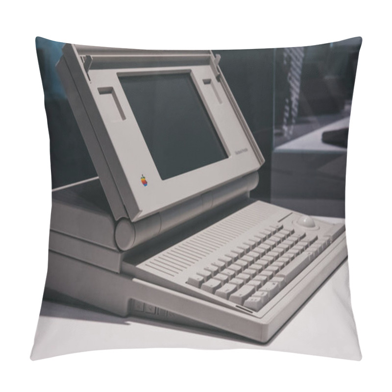 Personality  Prague, Czech Republic - August 28, 2018: Macintosh Portable Computer On Display Inside Apple Museum In Prague, The Largest Private Collection Of Apple Products Around The World. Pillow Covers