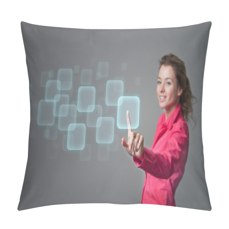 Personality  Woman Pressing Buttons On A Virtual Screen Pillow Covers