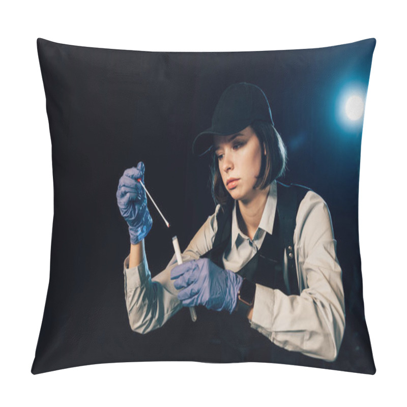 Personality  Investigator In Rubber Gloves Holding Swab And Test Tube At Crime Scene Pillow Covers