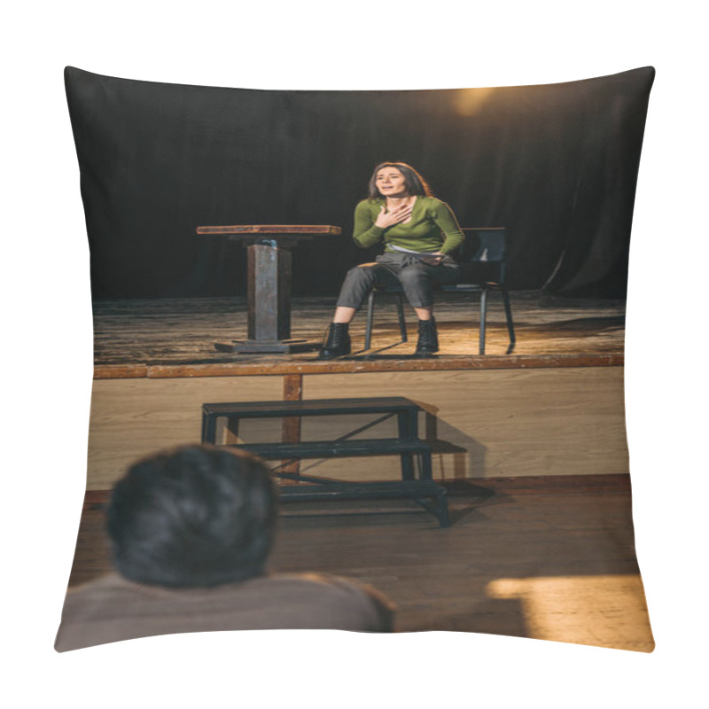 Personality  Selective Focus Of Professional Theater Director And Attractive Actress Performing Role On Stage Pillow Covers